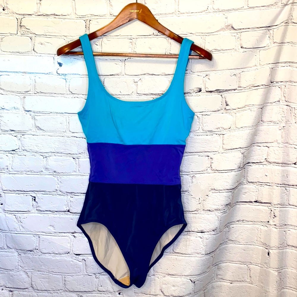 Adrienne Vittadini Blue Purple Color Block One-Piece Swimsuit Size 12